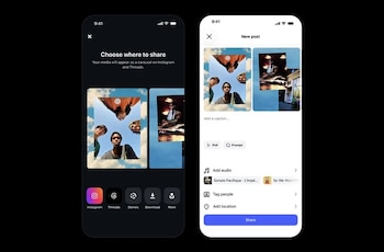Dos pantallas de teléfono inteligente muestran la interfaz de configuración para publicar imágenes en aplicaciones de comunicación
