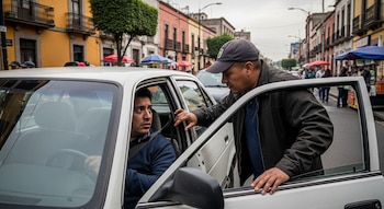 Un hombre de gorra se asoma a la puerta abierta de un automóvil blanco y habla con el conductor. El conductor lo mira desde el interior. Al fondo, calle urbana con edificios coloridos.