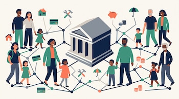 Ilustración de varias familias conectadas por líneas e iconos de casas, tarjetas y monedas a un edificio bancario en el centro.