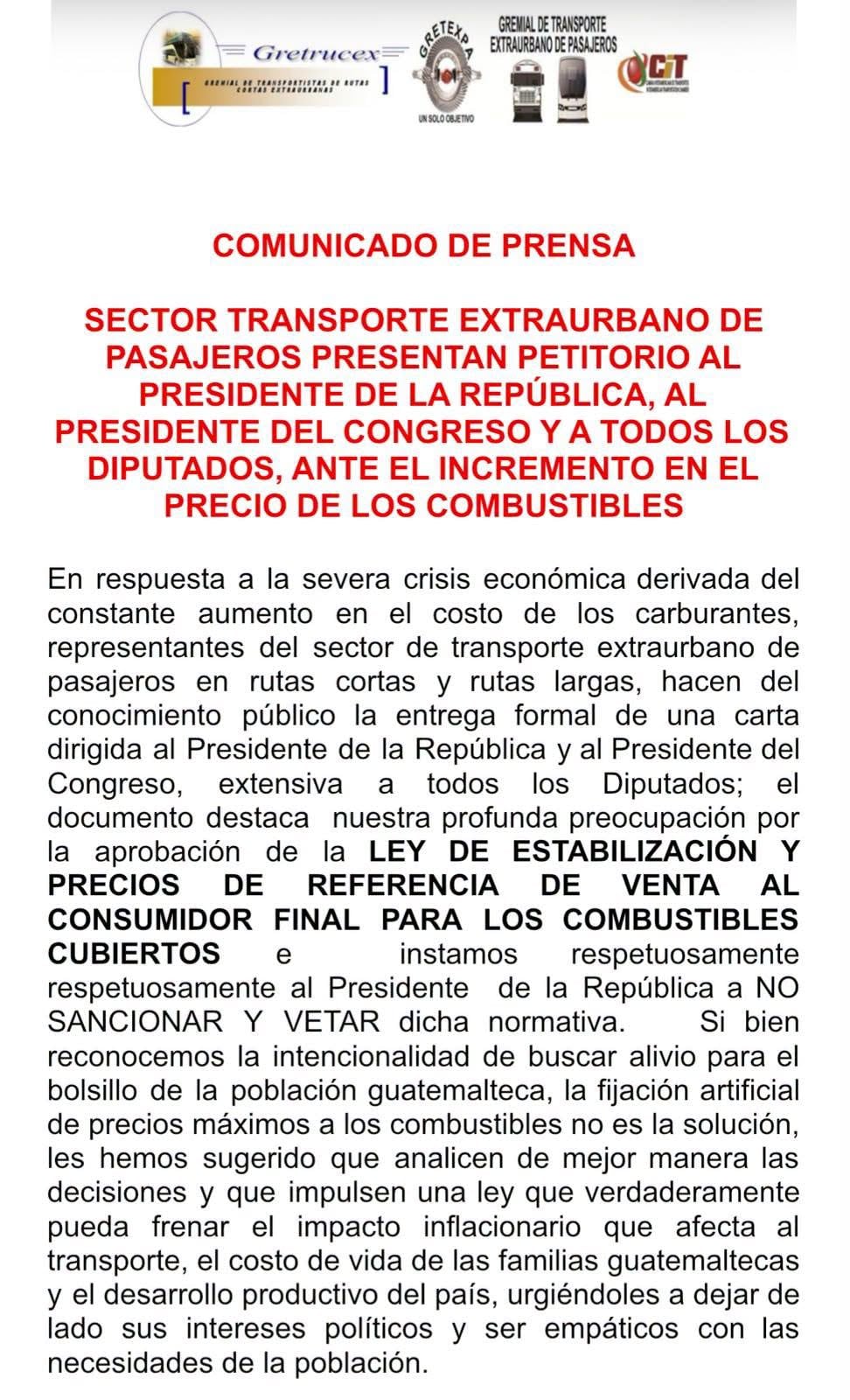 Un comunicado del sector de transporte extraurbano de Guatemala solicita al Gobierno vetar la ley de precios de combustibles por considerarla ineficaz. (Redes Sociales)
