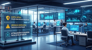 Oficina moderna con empleados trabajando en computadoras, grandes pantallas mostrando gráficos y un panel digital en primer plano con alertas de ciberseguridad en español.