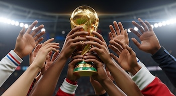 Múltiples brazos y manos de diversas etnias, vistiendo uniformes de fútbol, levantan la Copa Mundial de la FIFA dorada en un estadio con luces brillantes.