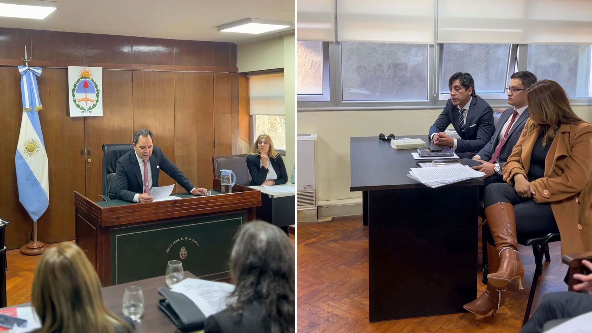 Postales del juicio abreviado. A la izquierda, el juez Pablo Morán; a la derecha, los abogados de los condenados: Ramón Eduardo Cristaldo, Pablo Adrián Cardozo y Mirian Griselda Cabrera