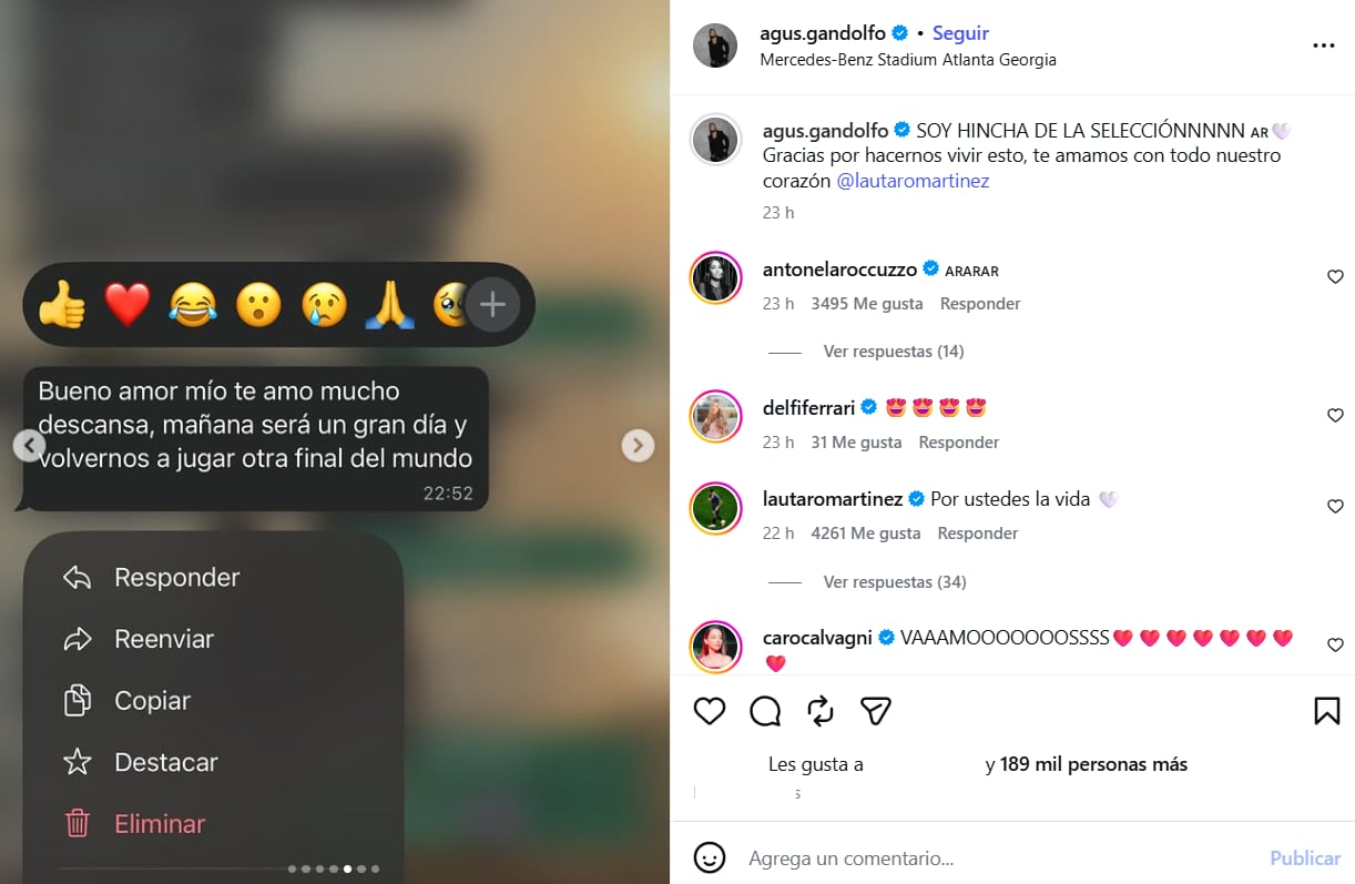 Agustina Gandolfo publicó en Instagram el chat con Lautaro Martínez y la reacción se volvió viral entre los seguidores de la Selección argentina