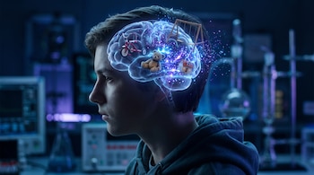 Adolescente de perfil, cabeza transparente mostrando cerebro con luz y conexiones, triciclo, oso, columpio, casa, partículas brillantes, fondo de laboratorio.