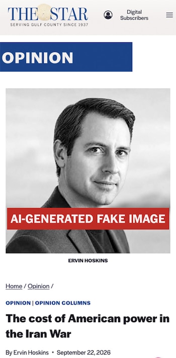 Captura de un periódico digital con un retrato masculino en blanco y negro etiquetado en rojo como imagen falsa generada por inteligencia artificial