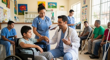 Un médico examina a un niño en silla de ruedas junto a una enfermera en una clínica con otros pacientes en la sala de espera.
