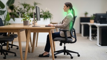 Mujer sentada en una silla de oficina frente a un monitor de computadora sobre un escritorio de madera, con una luz verde en el cuello y la espalda.