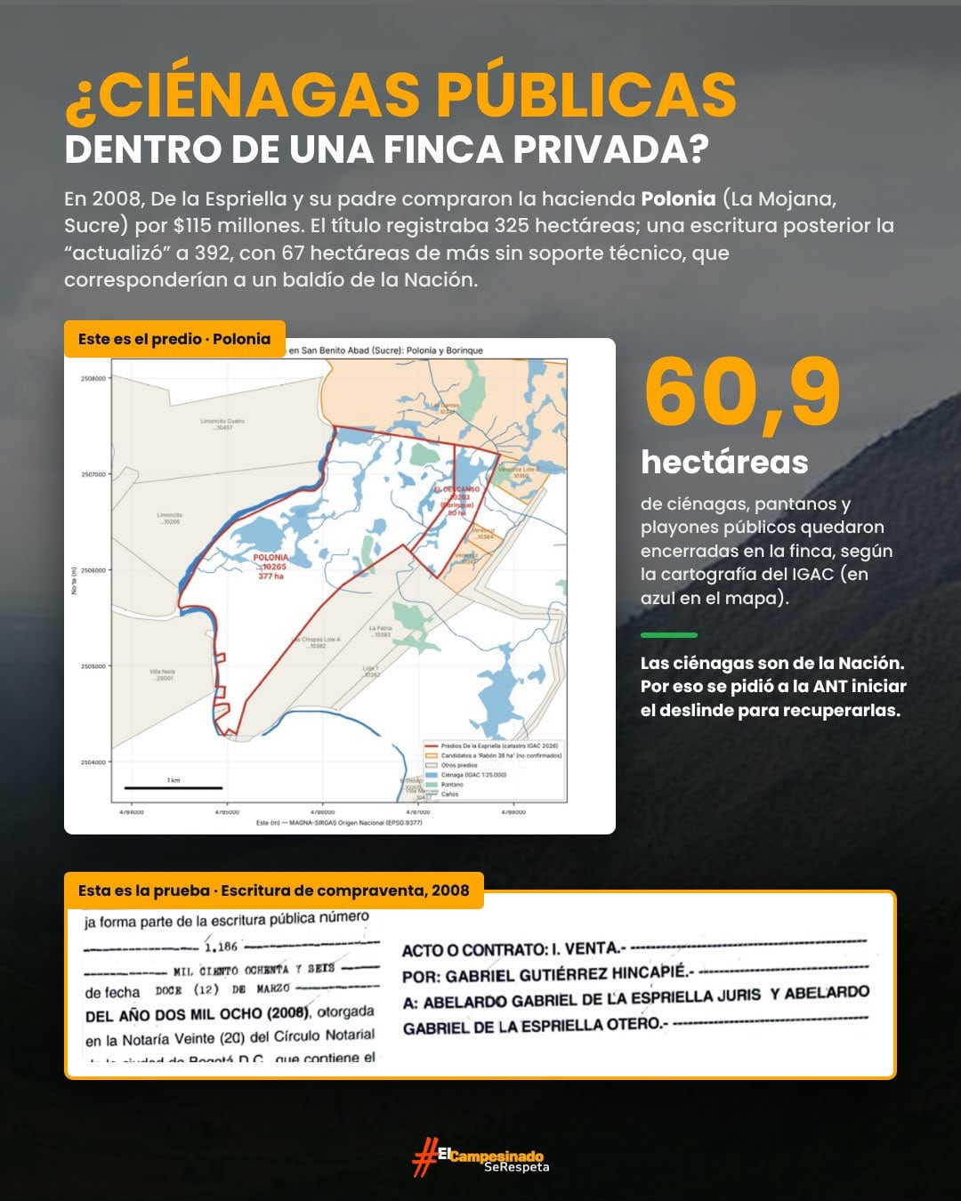 Cepeda señaló que parte de la finca Polonia, en Sucre, abarcaría terrenos de uso público y pidió iniciar un proceso de deslinde para establecer su delimitación y recuperar las áreas que corresponderían a la Nación. - crédito @IvanCepedaCast/X