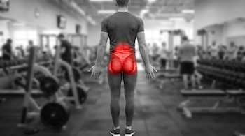 Un hombre de espaldas vestido con ropa deportiva en un gimnasio con la espalda baja y los glúteos resaltados en color rojo.