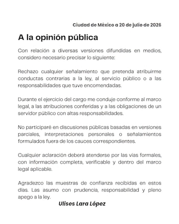 Segundo mensaje público de Lara, luego de su renuncia ante la FGR. Crédito:
Facebook - Ulises Lara Oficial