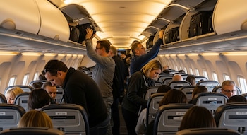 Interior de avión comercial con pasajeros de pie colocando equipaje en los compartimentos superiores, y otros sentados en sus asientos.