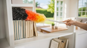 Una mano sujeta un plumero de plumas negro, naranja y amarillo para limpiar una estantería blanca con libros. Un ventanal luminoso se ve al fondo.