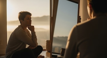 Una persona de pelo corto sentada de perfil, con la mano en la barbilla, mirando un espejo o ventana. La escena está iluminada por una luz cálida al atardecer.