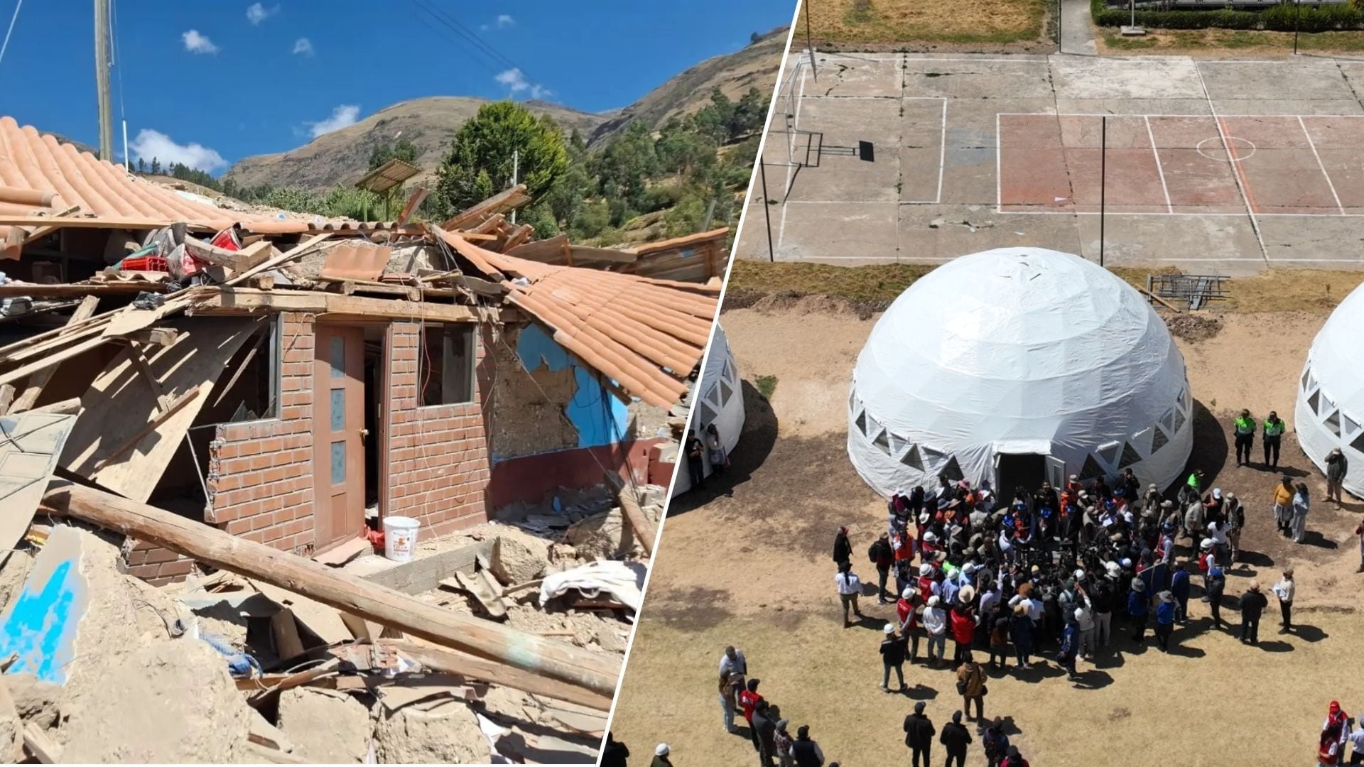 Una casa dañada por un sismo contrasta con aulas temporales tipo domo donde estudiantes de Junín reinician las clases, reflejando la respuesta educativa ante la emergencia en Chupaca. (Composición: Infobae Perú / Minedu)