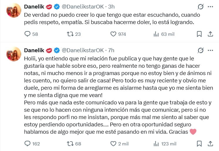 La creadora de contenido acusó a Sarmiento en la red social X de generar dolor deliberado y de contradecir los pedidos de respeto acordados en privado