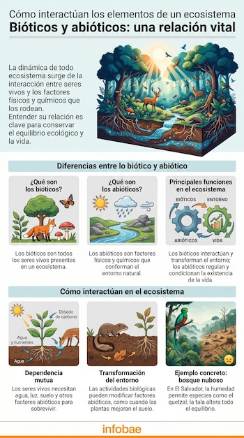 Infografía ilustra la interacción biótica y abiótica en ecosistemas con diagramas de animales, plantas, luz solar, agua y ejemplos de dependencia mutua.