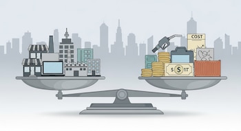 Balanza de platillos en equilibrio con edificios, laptop, billetes, monedas, bomba de gasolina, maleta, contenedor y cajas contra un fondo de ciudad.