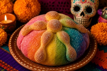 Pan de muerto con franjas de colores sobre un plato de barro, acompañado de flores de cempasúchil, una vela encendida y una calavera.