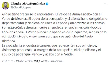 Claudia López acusa a Carlos Amaya de transformar el partido Verde en “apéndice del Pacto Histórico” - crédito @ClaudiaLopez/X