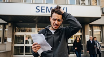 Un joven con sudadera gris, mochila y documentos en la mano se toma la cabeza frente a un edificio con el letrero 'SEMOVI'