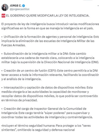 El mayor (r) señaló que la propuesta podría conducir a una monopolización de la inteligencia por parte del Estado y aumentar los riesgos de abuso de poder - crédito @jorgeecastillol/X