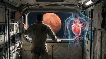 Astronauta de espaldas en una nave espacial, observa Marte por una ventana. A su lado, proyección tridimensional de un corazón humano con venas y arterias.