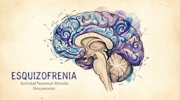 Ilustración de un cerebro humano en vista lateral, con colores azules y morados y trazos que simulan desconexión. El texto 'ESQUIZOFRENIA' es visible.