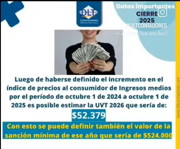 DLT Consultores coincide en que la UVT de 2026 será de $52.379 - crédito @dltcontadores/X