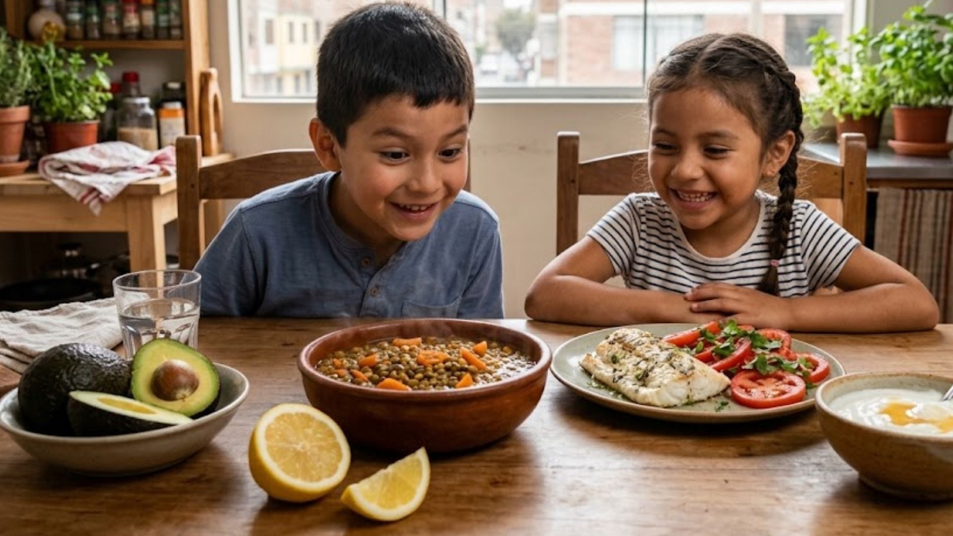 Dos niños sonríen mientras observan un guiso de lentejas, un filete de pescado y una ensalada servidos sobre una mesa de madera. (Imagen Ilustrativa Infobae)