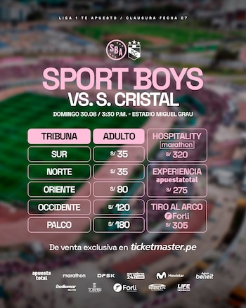 Precios de las entradas de los boletos para el duelo entre Sport Boys y Sporting Cristal por el Torneo Clausura 2026.