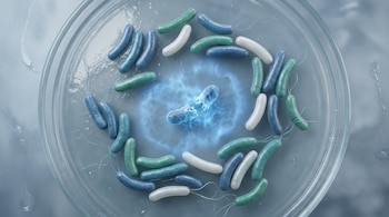 Placa de Petri con bastones bacterianos azules, verdes y blancos. Una bacteria central se disuelve en un halo azul. Algunos bastones tienen flagelos.