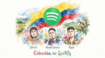 Ilustración en acuarela del logo de Spotify sobre los colores de la bandera de Colombia. Abajo aparecen los artistas Blessd, Nanpa Básico y Kapo.