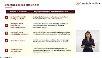 Diapositiva con tabla sobre los derechos de las audiencias y responsabilidades de medios, logotipo de Consejería Jurídica y una mujer en lenguaje de señas