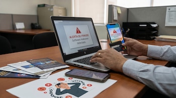 Primer plano de manos de un hombre en una oficina con laptop mostrando alerta de fraude, un smartphone con alerta de sistema y una tarjeta de crédito.
