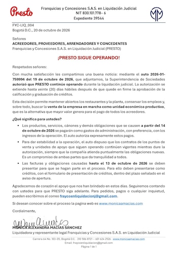 En abril de 2026, la Superintendencia de Sociedades aprobó el acuerdo de reorganización de Presto, propiedad de Franquicias y Concesiones S.A.S., con el objetivo de preservar 694 empleos directos - crédito Presto