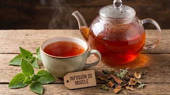 Um copo de infusão e um bule de vidro com líquido vermelho, ao lado de folhas frescas e secas de muicle e um rótulo de madeira.