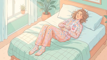 Ilustración de una mujer sonriendo, acostada en una cama con el corazón y el sistema linfático superpuestos en su cuerpo. La habitación tiene una ventana y plantas.