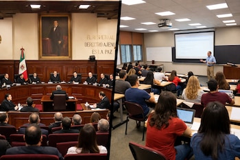 Imagen dividida mostrando a la izquierda el pleno de la SCJN con magistrados en la mesa principal, y a la derecha un profesor impartiendo clase a estudiantes en un aula universitaria.