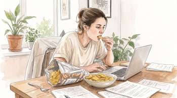 Ilustración en acuarela de una mujer sentada a una mesa comiendo frente a una computadora portátil con bolsas de aperitivos y papeles.