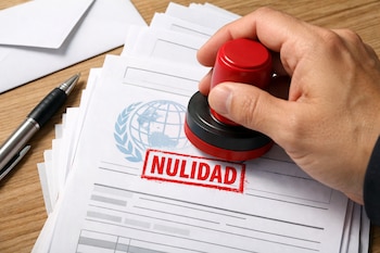 Una mano sostiene un sello rojo sobre documentos blancos que tienen el logo del Jurado Nacional de Elecciones y la palabra NULIDAD estampada en rojo. Hay un bolígrafo y sobres en un escritorio de madera.