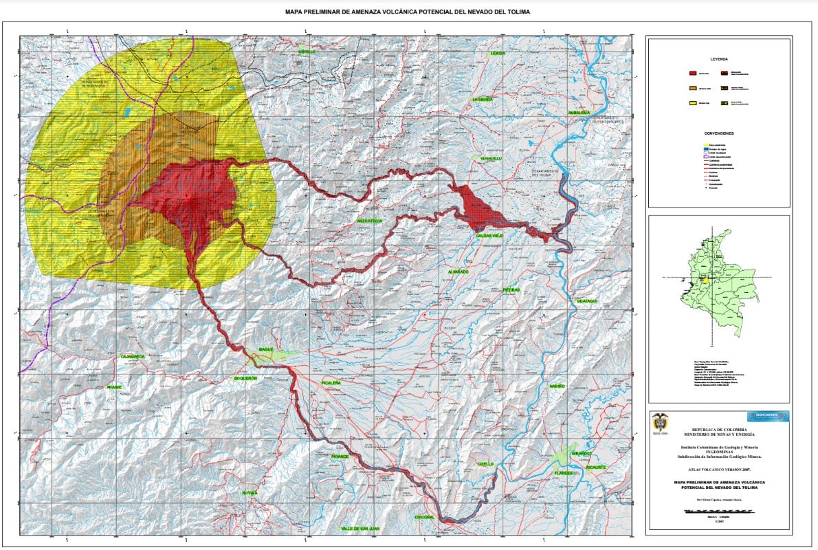 Mapa Amenaza Volcán Nevado del Tolima - crédito Servicio Geológico Colombiano