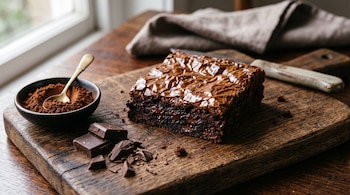 Un brownie de chocolate sobre una tabla de madera con trozos de chocolate y un tazón con cacao en polvo.