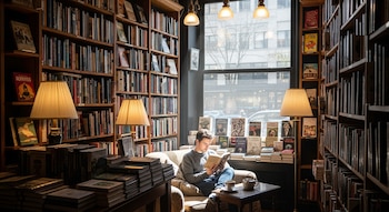 Joven leyendo un libro en un sillón dentro de una librería. Estanterías repletas de libros, lámparas de mesa y ventana con vista exterior.