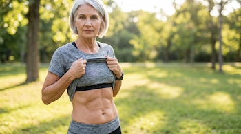 Una mujer de cincuenta años, de pelo gris y ropa deportiva, levanta su camiseta gris para mostrar sus abdominales definidos en un parque.