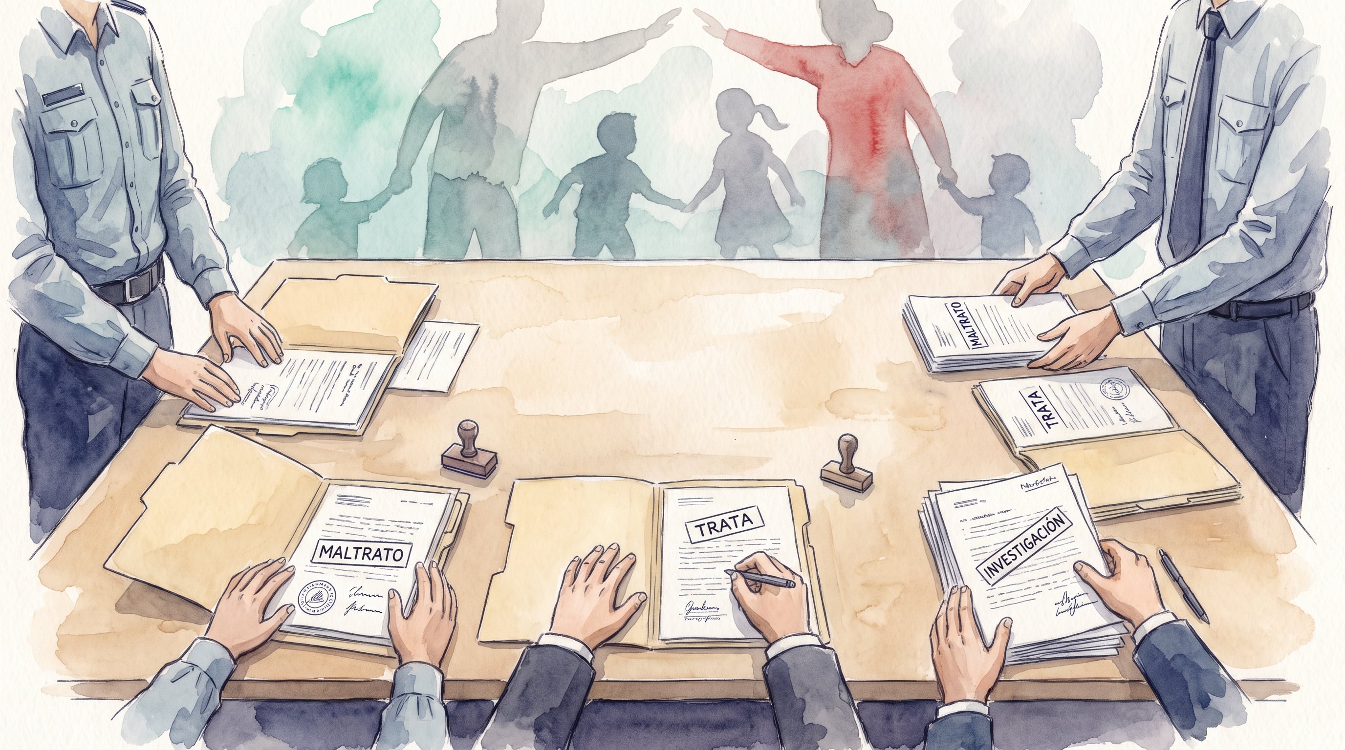 Funcionarios judiciales y agentes policiales analizan expedientes sobre maltrato y trata de personas en una mesa de trabajo. (Imagen Ilustrativa Infobae)