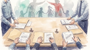 Ilustración en acuarela de varias manos alrededor de una mesa con carpetas marcadas con las palabras maltrato, trata e investigación.