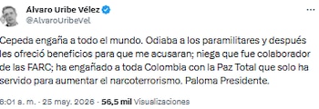 Álvaro Uribe señaló a Iván Cepeda de proteger a disidentes y criticó la Paz total - crédito @AlvaroUribeVel/X