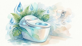 Ilustración en acuarela de un inodoro inteligente futurista con luces azules, rodeado de grandes hojas verdes y gotas de agua, y rollos de papel higiénico difuminados al fondo.