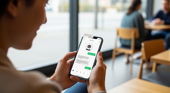 Una persona sostiene un smartphone que muestra una aplicación de chatbot abierta con burbujas de conversación y un avatar. Al fondo, un espacio interior con personas y mesas.